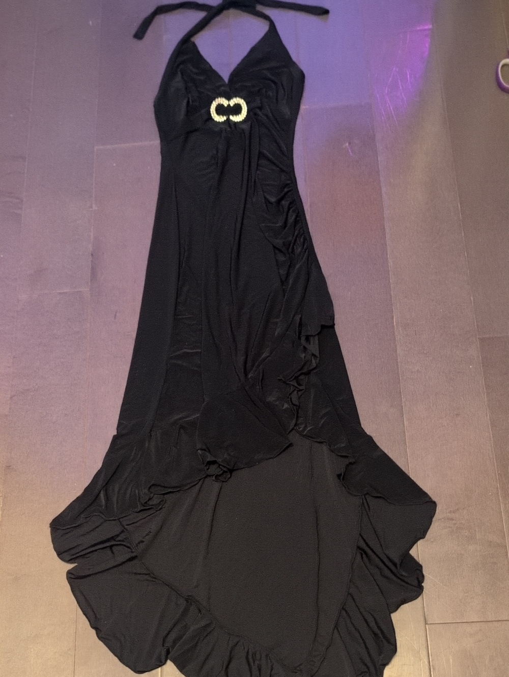 bebe Black Halter High-Low Dress with Diamond Buckle